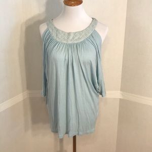 BCBGirls blue off the shoulder eyelet accent shirt